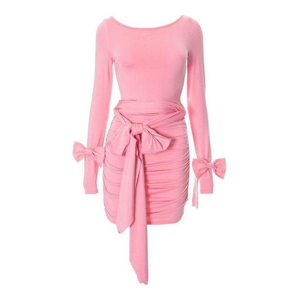 Long sleeve bowknot ruched self tie mini dress