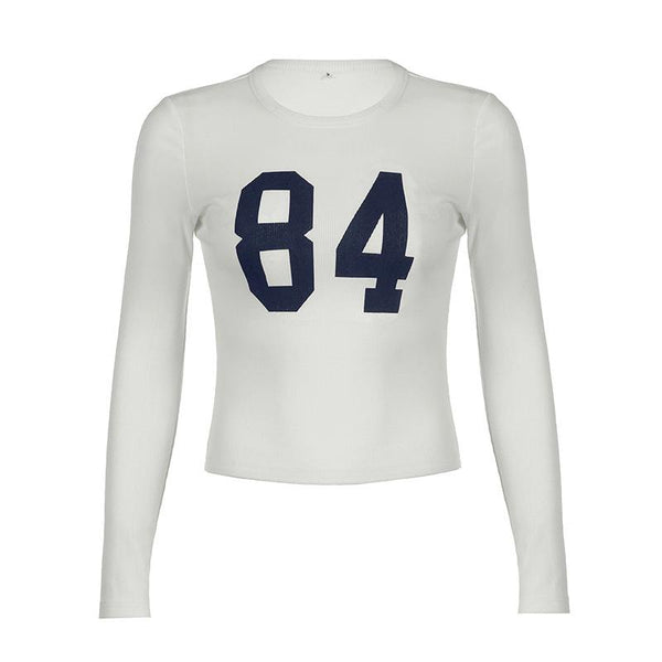 Long sleeve crewneck "84" print contrast top