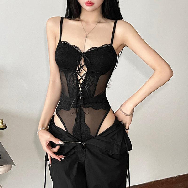 Lace up bowknot lace mesh patchwork cami bodysuit