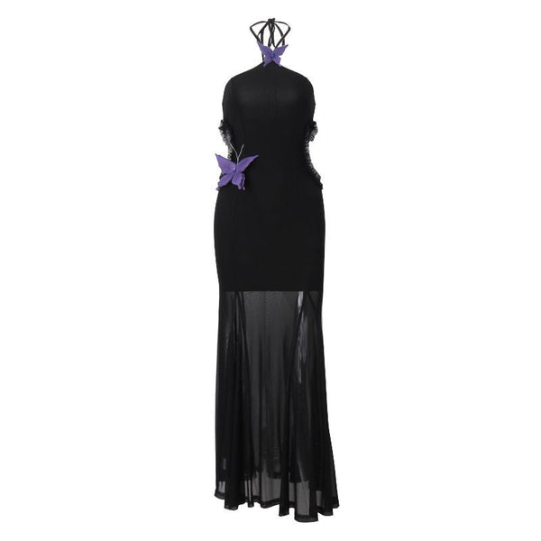 Halter butterfly applique hollow out mesh maxi dress