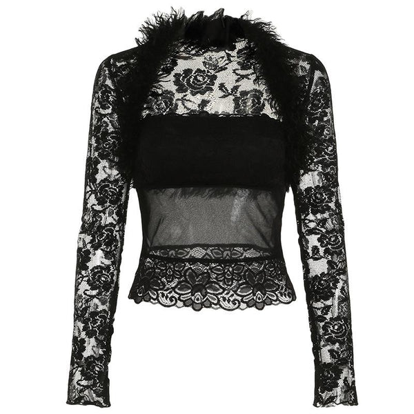 Long sleeve fluffy shrug lace tube 2 piece top