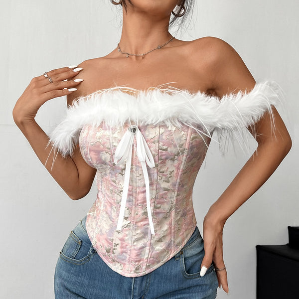 Off shoulder fluffy print corset bowknot top