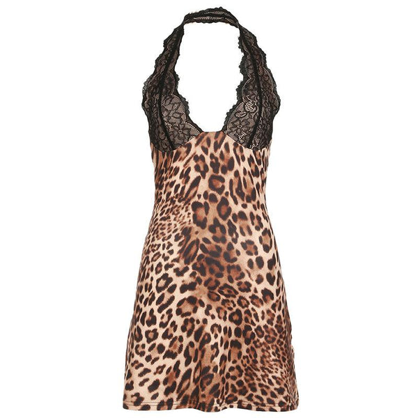 Halter leopard print backless lace mini dress