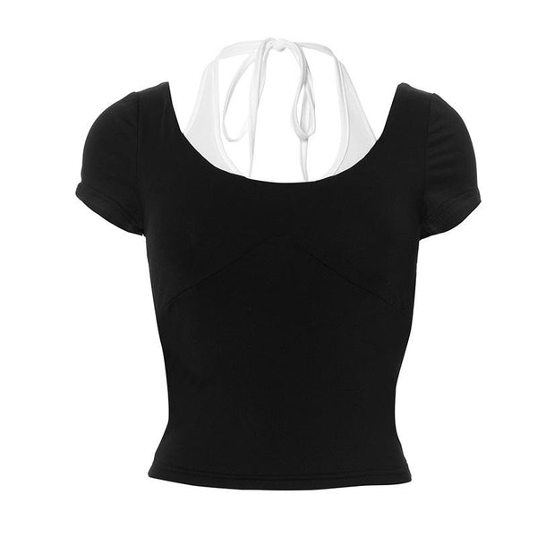 Halter u neck contrast short sleeve top