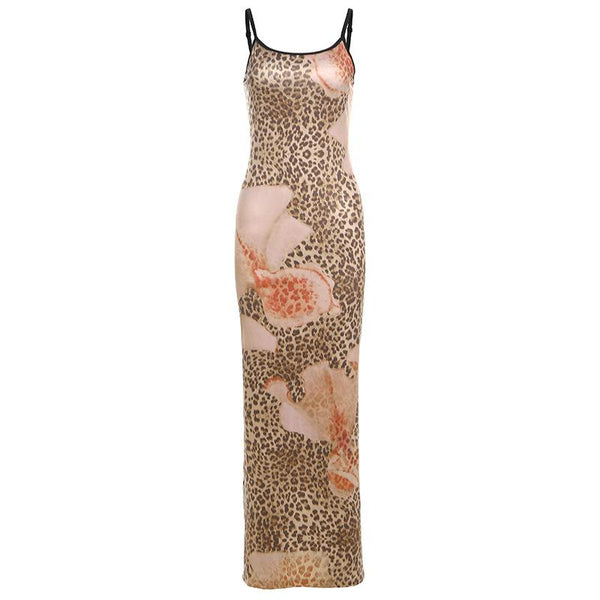 Leopard print u neck backless slit cami maxi dress