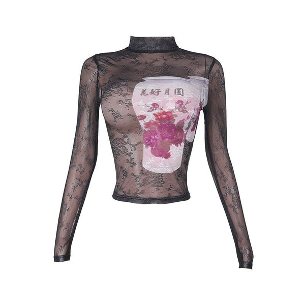 Long sleeve high neck lace up sheer mesh print top