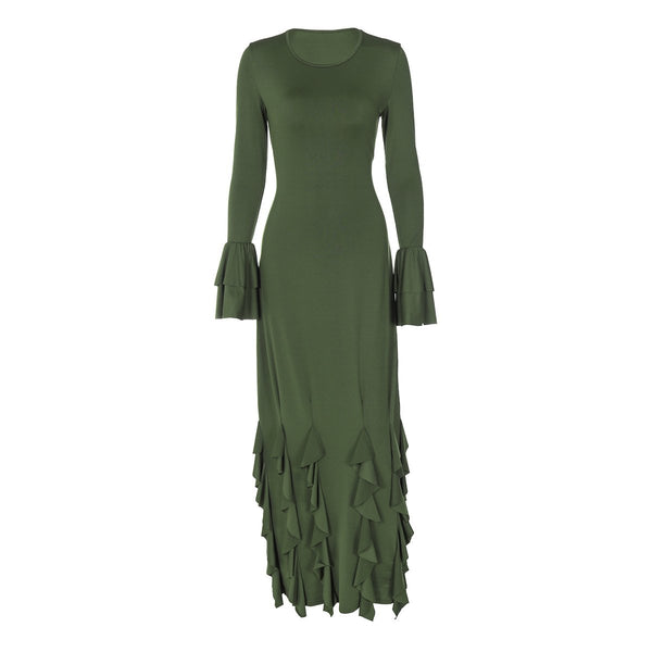 Long flared sleeve crewneck ruffle self tie maxi dress