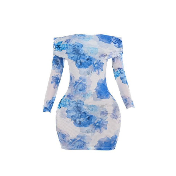 Off shoulder long sleeve flower print mesh mini dress