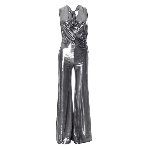 Metallic ruched halter self tie cowl neck jumpsuit