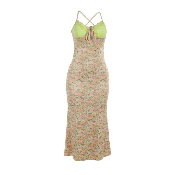 Sweetheart neck lace flower print knotted cami maxi dress