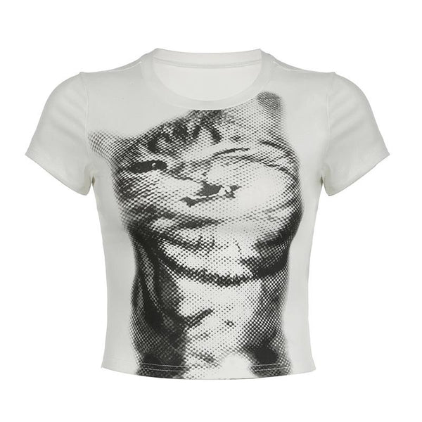 Short sleeve crewneck cat print top