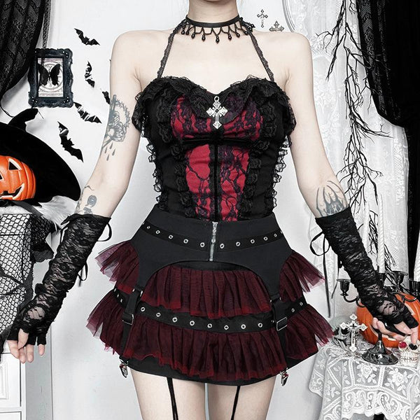 Halter lace hem cross pattern ruffle top