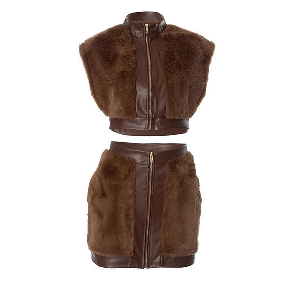 Cap sleeve fluffy PU leather patchwork zip-up mini skirt set