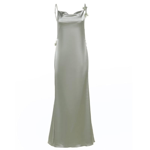 Cowl neck satin flower applique backless cami maxi dress