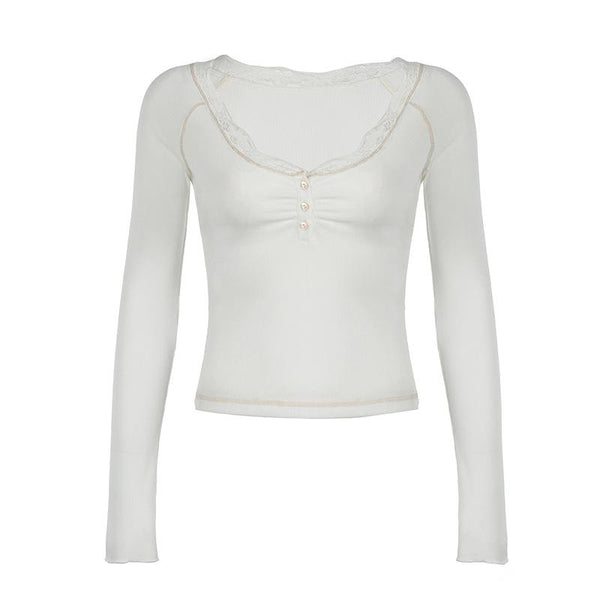 Long sleeve v neck lace hem button top