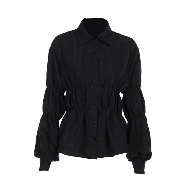 Turnover collar long puff sleeve button top