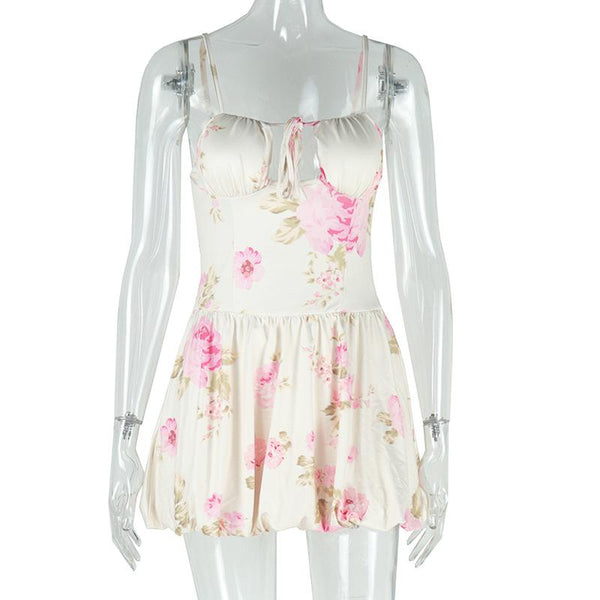 Flower print padded self tie cami mini dress