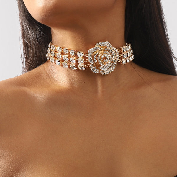 Rhinestone rose decor layered choker necklace