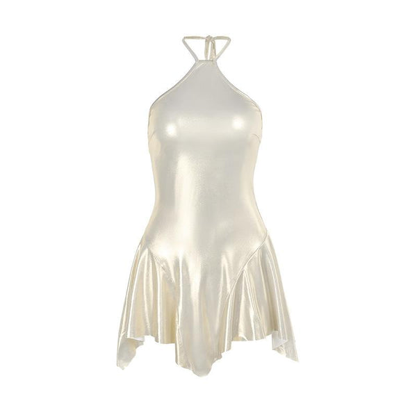 Halter satin backless metallic mini dress