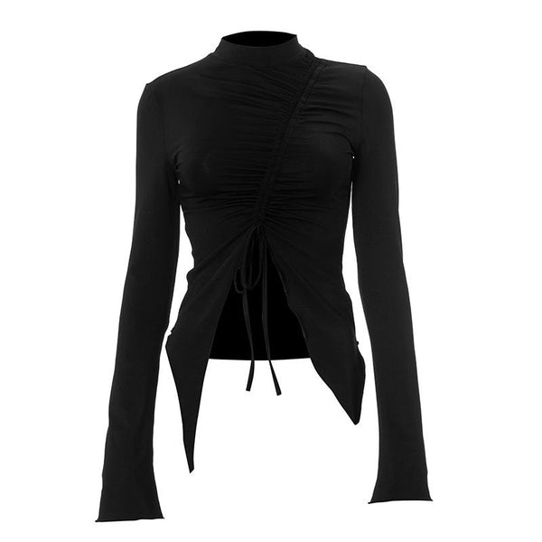 Long sleeve high neck ruched drawstring irregular top