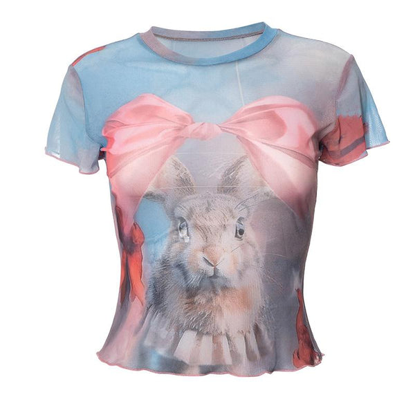 Crew neck short sleeve mesh rabbit print top