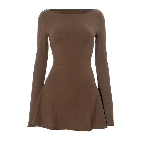 Long sleeve round neck solid mini dress