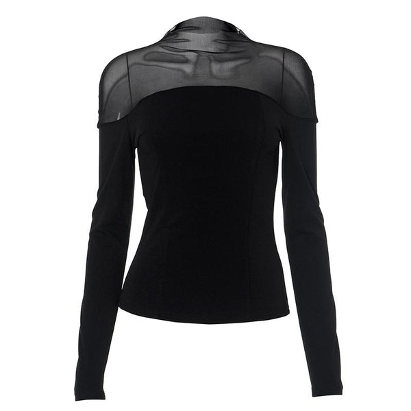 Long sleeve high neck mesh patchwork solid top