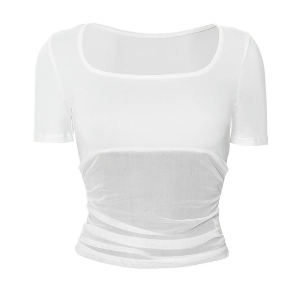 Short sleeve square neck mesh patchwork top