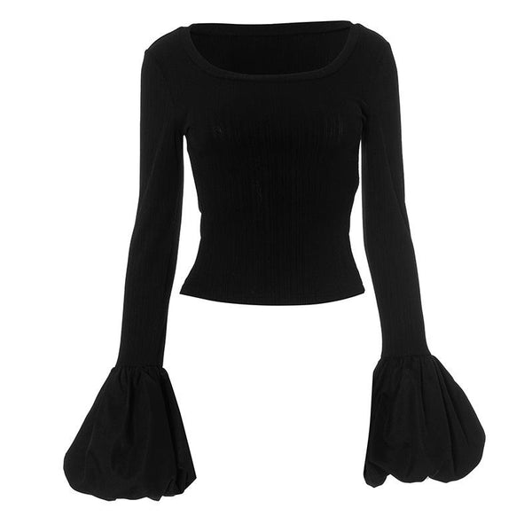 Long puff sleeve round neck ribbed ruched top