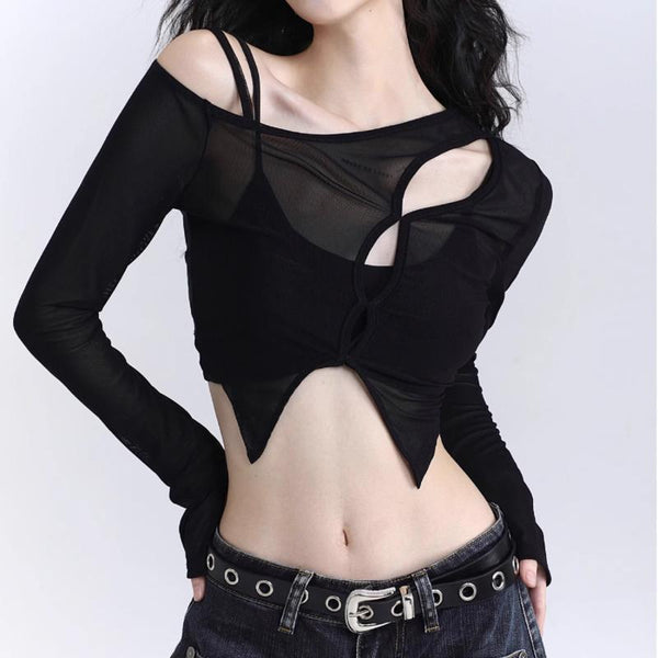 Irregular long sleeve hollow out 2 piece crop top