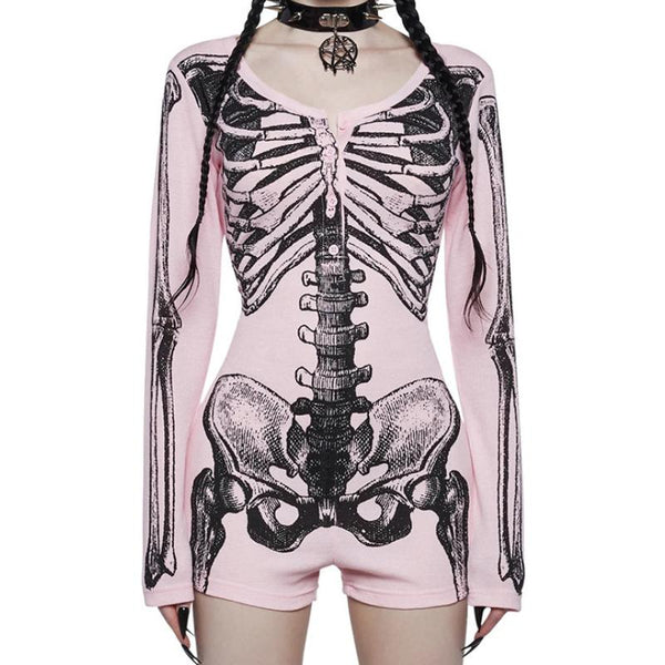 Human skeleton print long sleeve button mini dress