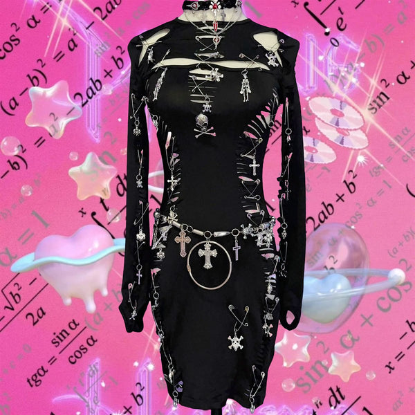 Long sleeve hollow out o ring skull applique mini dress