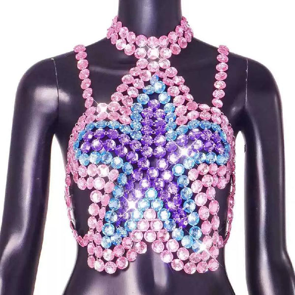 Halter star pattern backless gem chain top