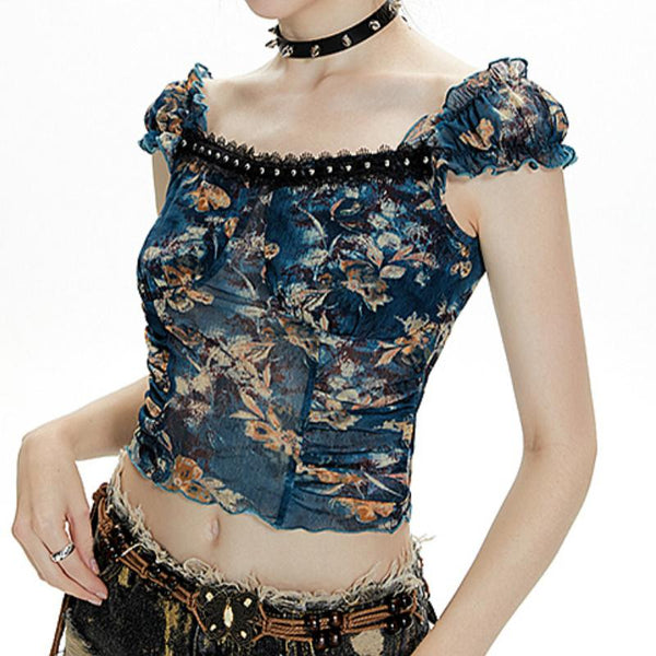 Ruffle flower print lace hem mesh cami top