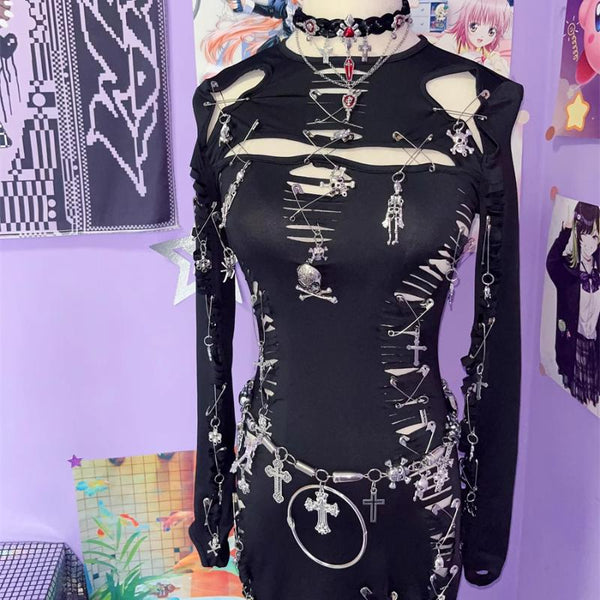 Long sleeve hollow out o ring skull applique mini dress