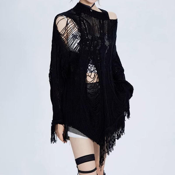 Long sleeve hollow out crewneck irregular tassels top