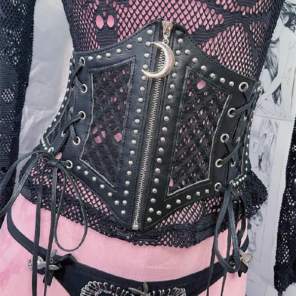 Zip-up hollow out self tie moon applique belt