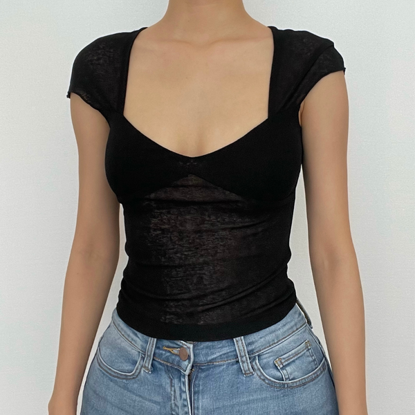 V neck hollow out knotted short sleeve low cut backless crop top y2k 90s Revival Techno Fashion