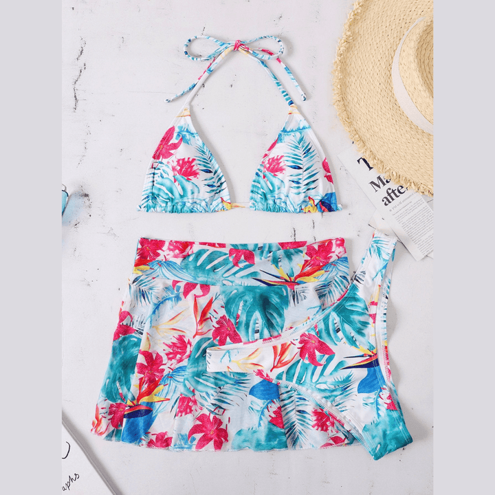 Print skirt 3 piece swimwear - Halibuy