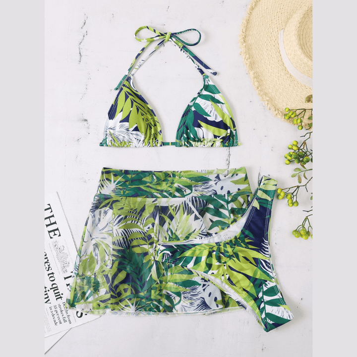 Print skirt 3 piece swimwear - Halibuy