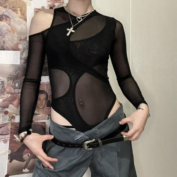 Long sleeve off shoulder irregular sheer mesh bodysuit goth Alternative Darkwave Fashion goth Emo Darkwave Fashion