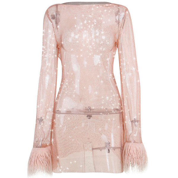 Long sleeve solid see through sheer mesh furry round neck mini dress