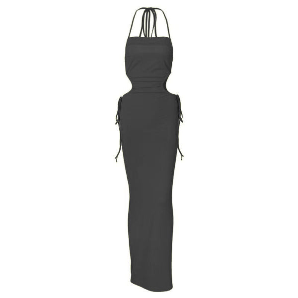 Solid hollow out drawstring backless halter maxi dress