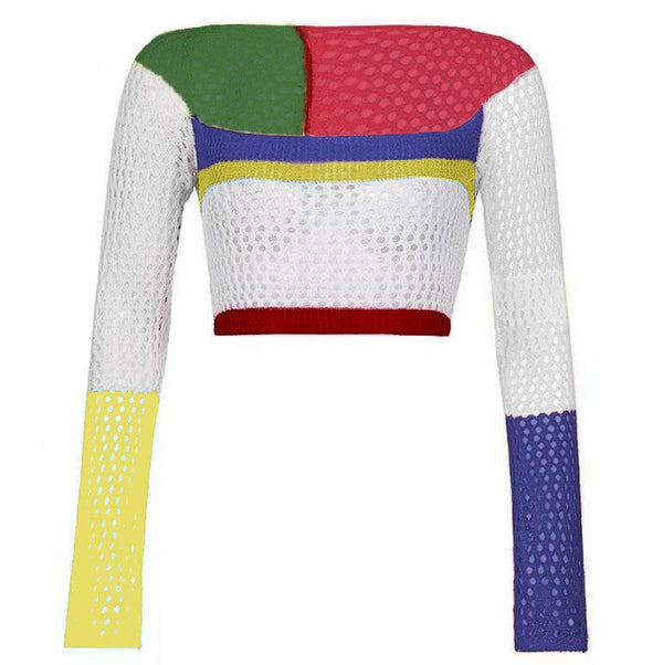 Low cut contrast crochet knit long sleeve square neck top y2k 90s Revival Techno Fashion