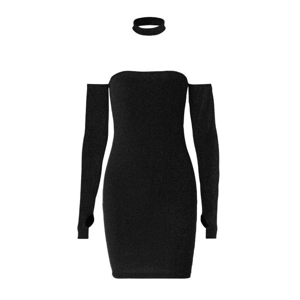 Textured gloves off shoulder long sleeve backless mini dress