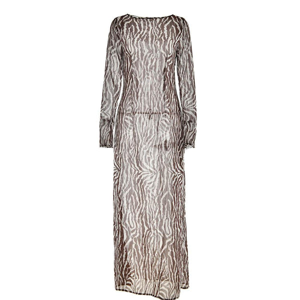 Vestido largo de malla transparente con estampado de cebra, manga larga y cremallera en contraste 