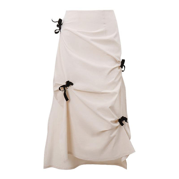 Bowknot ruched zip-up slit irregular contrast midi skirt