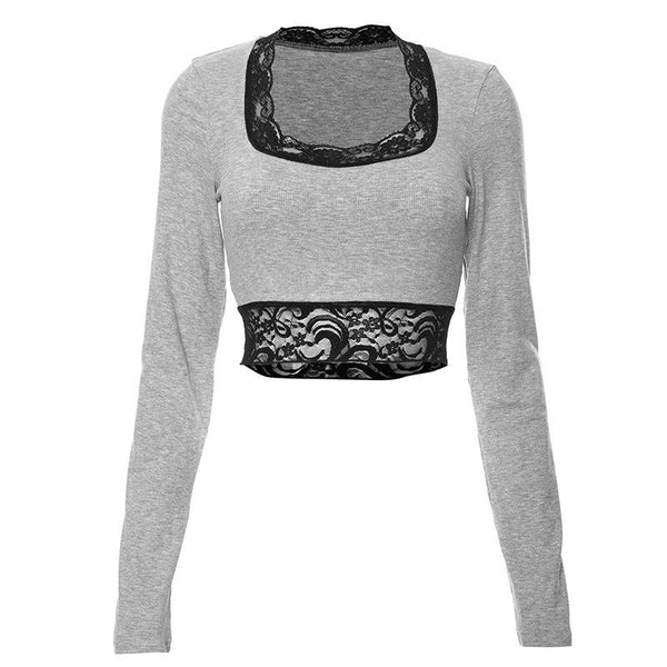 Long sleeve square neck lace ruffle patchwork ribbed contrast crop top