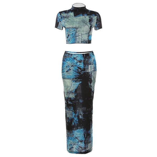 Short sleeve high neck contrast print maxi skirt set cyberpunk Sci-Fi Fashion