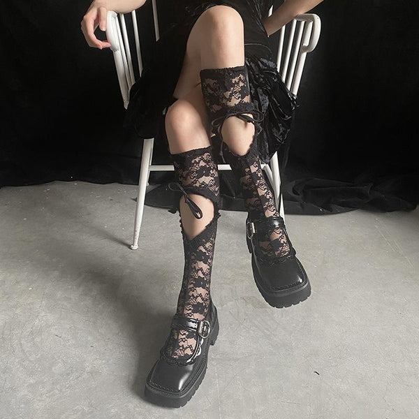 Solid hollow out sheer lace knee high socks